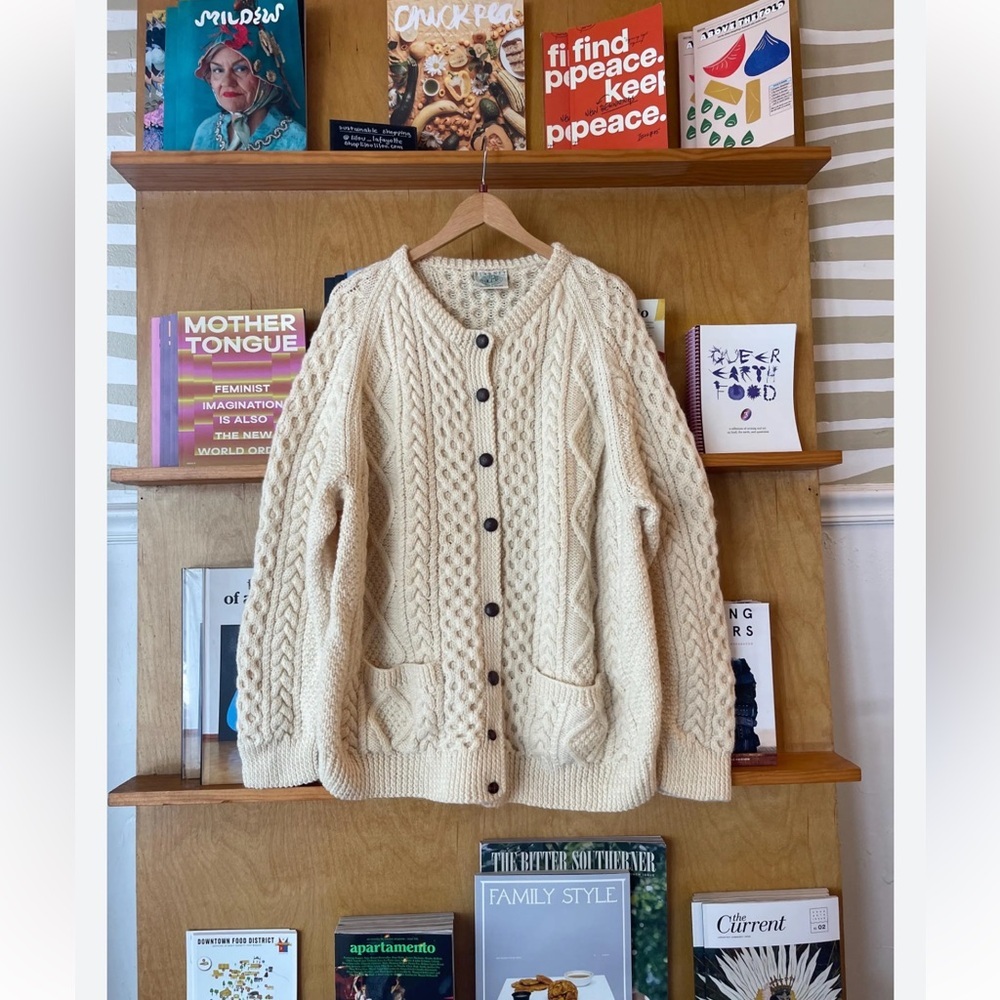 Blarney Woollen Mills Cream Cable-Knit 100% Pure Wool Button Front Cardigan - Picture 2 of 8